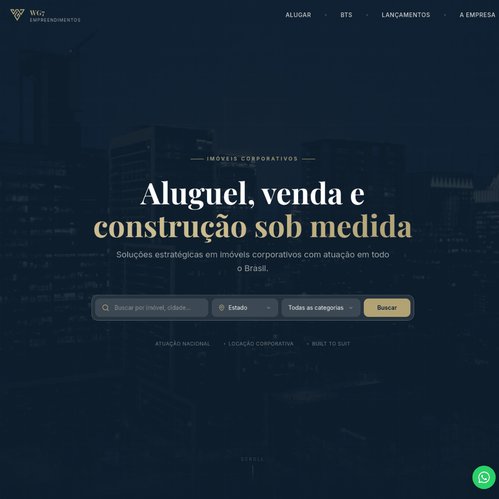 WG7 Empreendimentos — B2B institutional platform with filterable catalog, granular per-city SEO and CMS-ready backend — built for organic lead capture in R$ 200k-2M/month corporate leases.